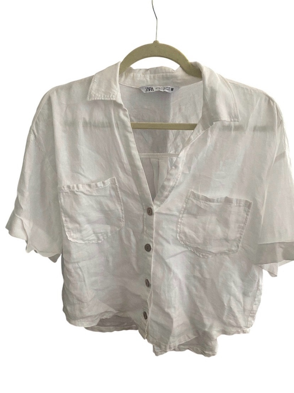 Zara White Linen-Blend Button-Down Crop Shirt